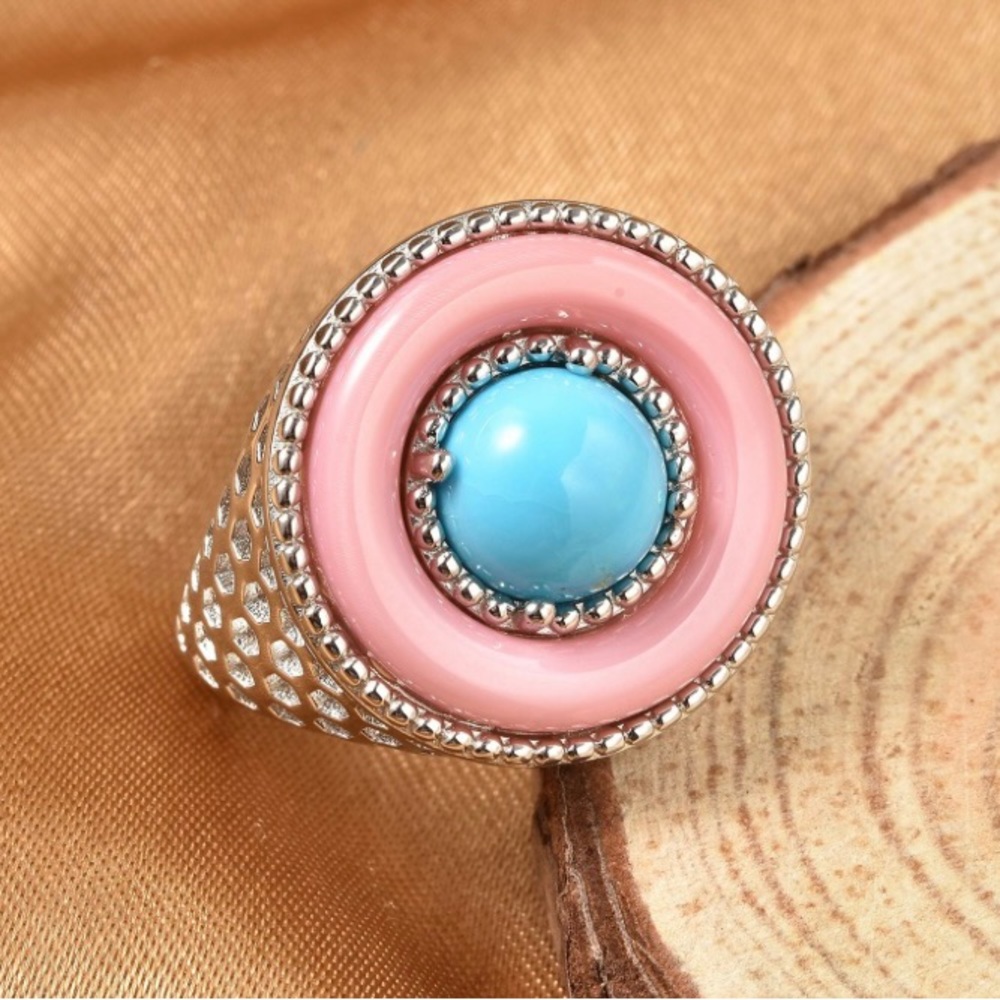 NWT Sleeping Beauty Turquoise & Pink Mother of Pearl Ring in .925 Sterling - Picture 2 of 8